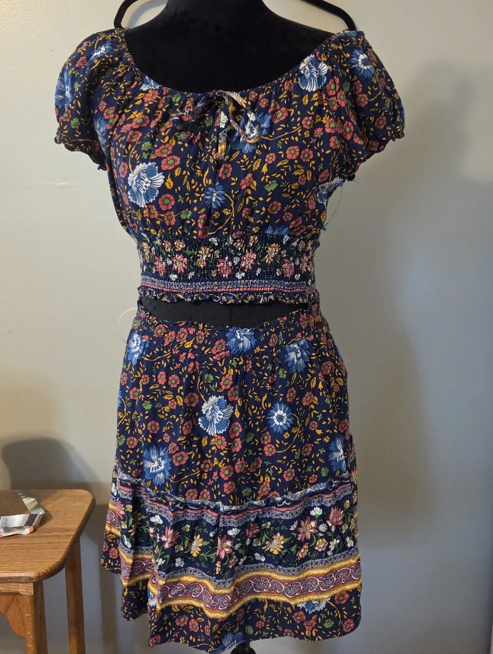 Simplee Womens Boho Floral Two-Piece Crop Top & Mini Skirt Set - Navy Sz L - Picture 6 of 10